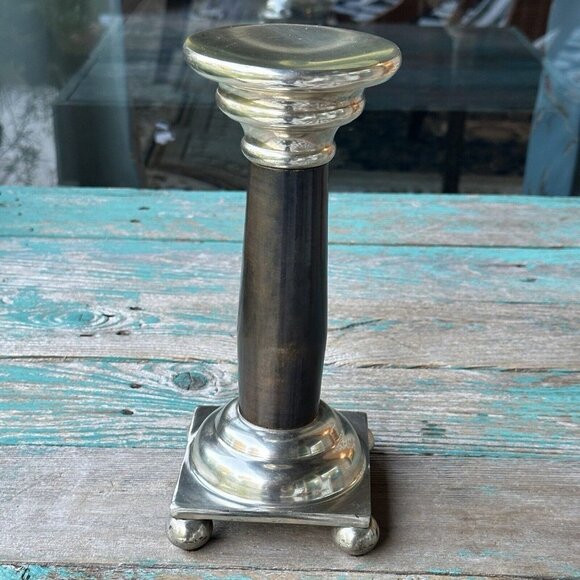 Pillar Candlestick Holder Stand Two-Tone Brass Chrome Metal 9.5" Heavy MCM VTG - Picture 1 of 9